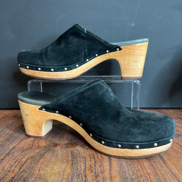 UGG Australia Black Suede Leather Studded Wood Heel Platform Clogs Mules - Picture 1 of 16